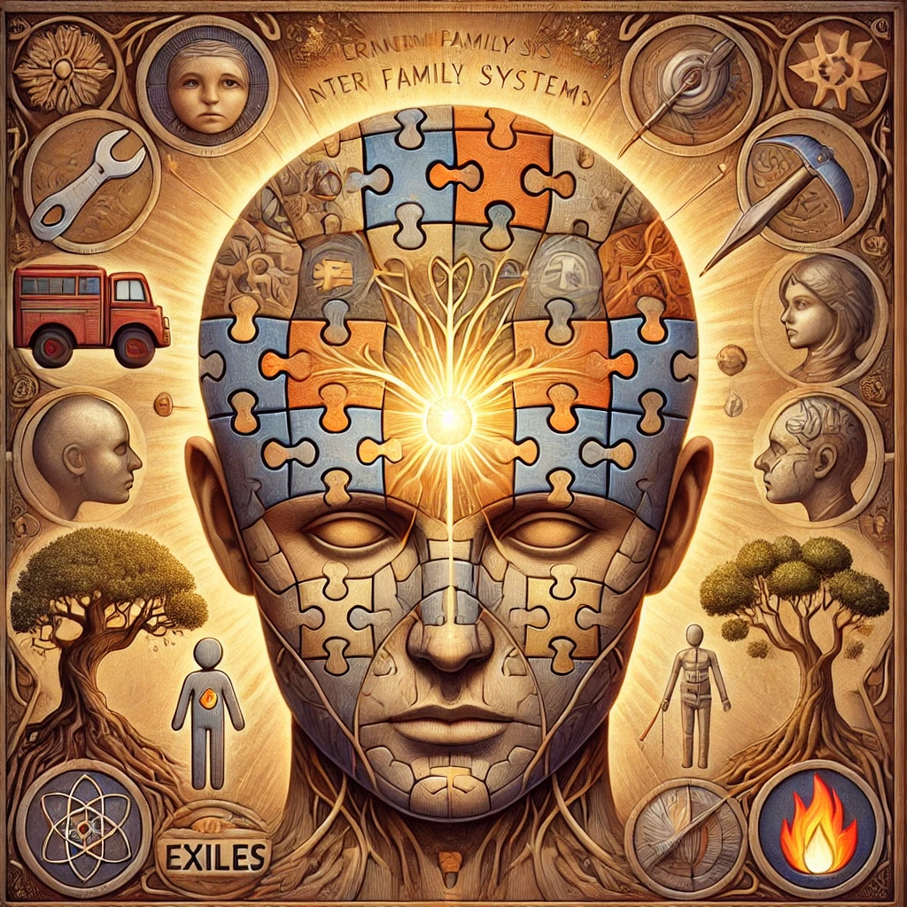 dall·e 2024-12-28 12.32.39 - an intricate illustration symbolizing the internal family systems (ifs) model of the mind. the image features a human head made of multiple puzzle pie.webp