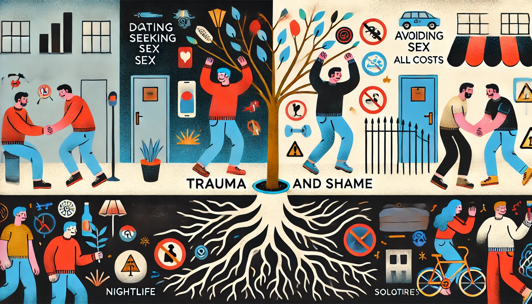 dall·e 2024-07-04 05.04.02 - a detailed illustration showing two contrasting behaviors stemming from the same root cause. on one side, a person is depicted frantically seeking sex.webp