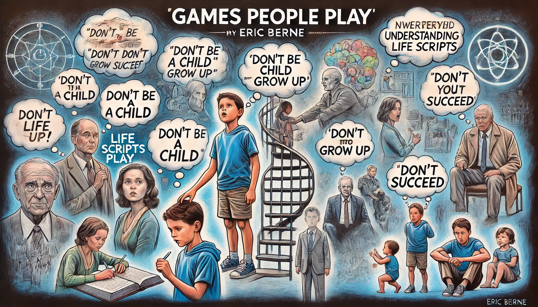 dall·e 2024-07-01 07.49.18 - an illustration depicting the concept of 'life scripts' from eric berne's 'games people play'. the image shows a child receiving various messages from.webp