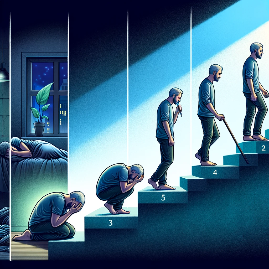 dall·e 2024-05-04 08.58.29 - create a deeply emotional illustration for a personal narrative about overcoming anxiety. the image depicts a man at various stages of his struggle wi.webp