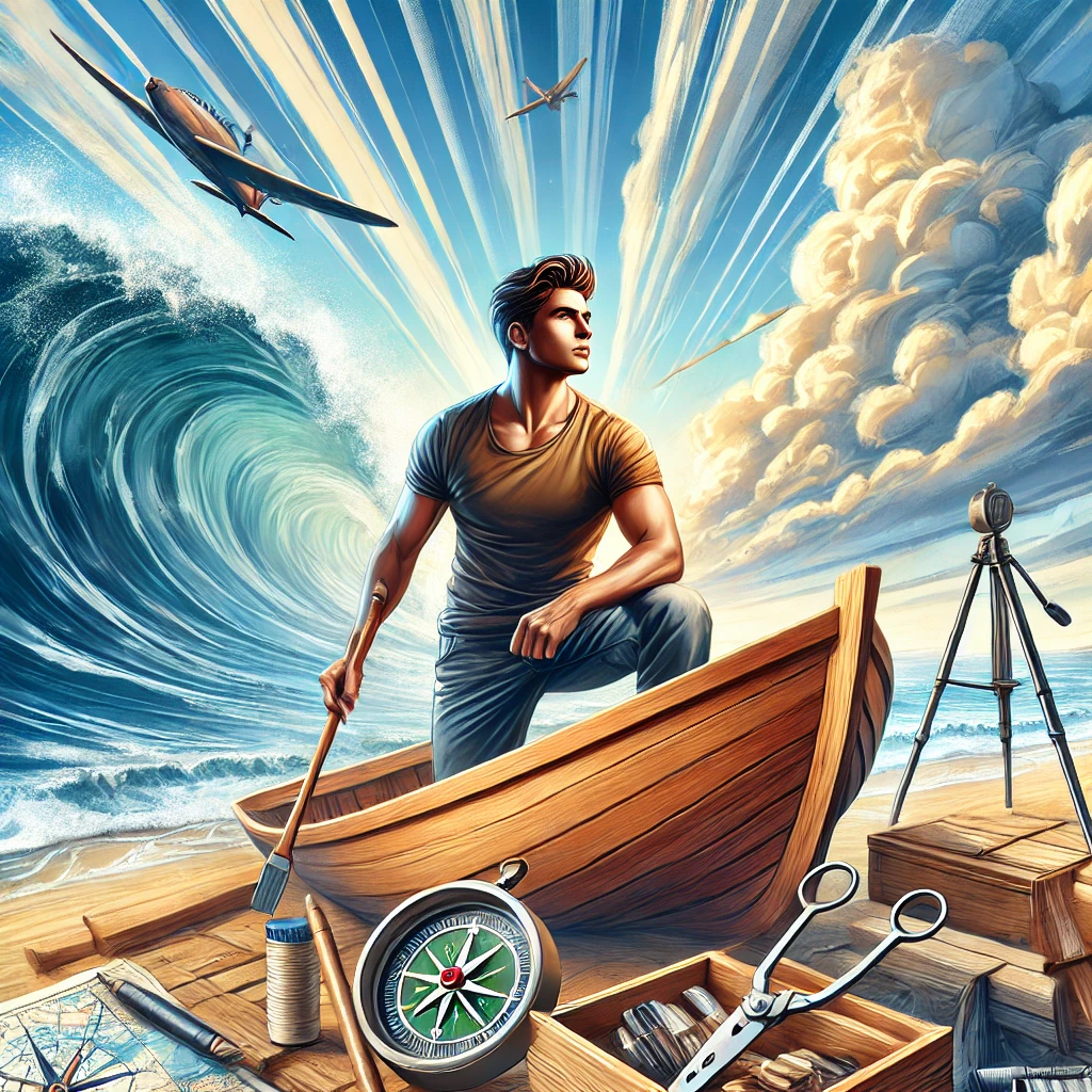 dall·e 2024-08-01 09.27.20 - a dynamic and inspiring illustration showing a young man building a wooden boat on a beach, surrounded by tools and materials. in the background, the .webp