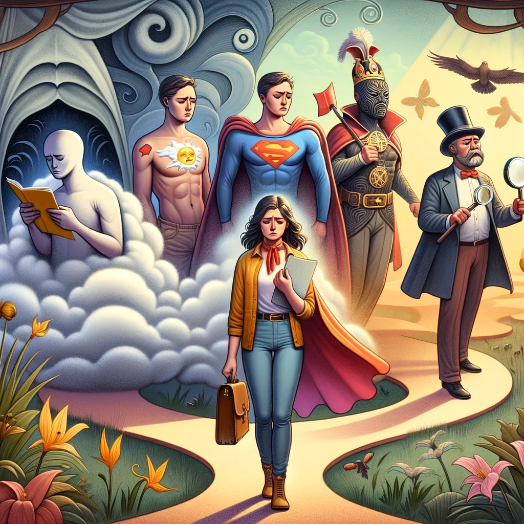 dall·e 2024-05-03 13.12.24 - a surreal illustration for an article about a woman’s emotional journey. the scene depicts four symbolic male figures, each embodying different emotio.webp