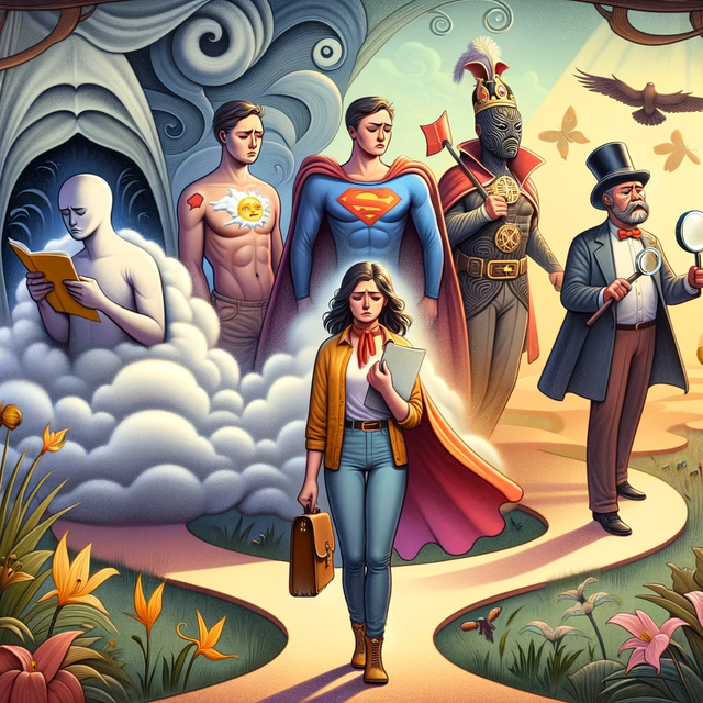 dall·e 2024-05-03 13.12.24 - a surreal illustration for an article about a woman’s emotional journey. the scene depicts four symbolic male figures, each embodying different emotio.webp