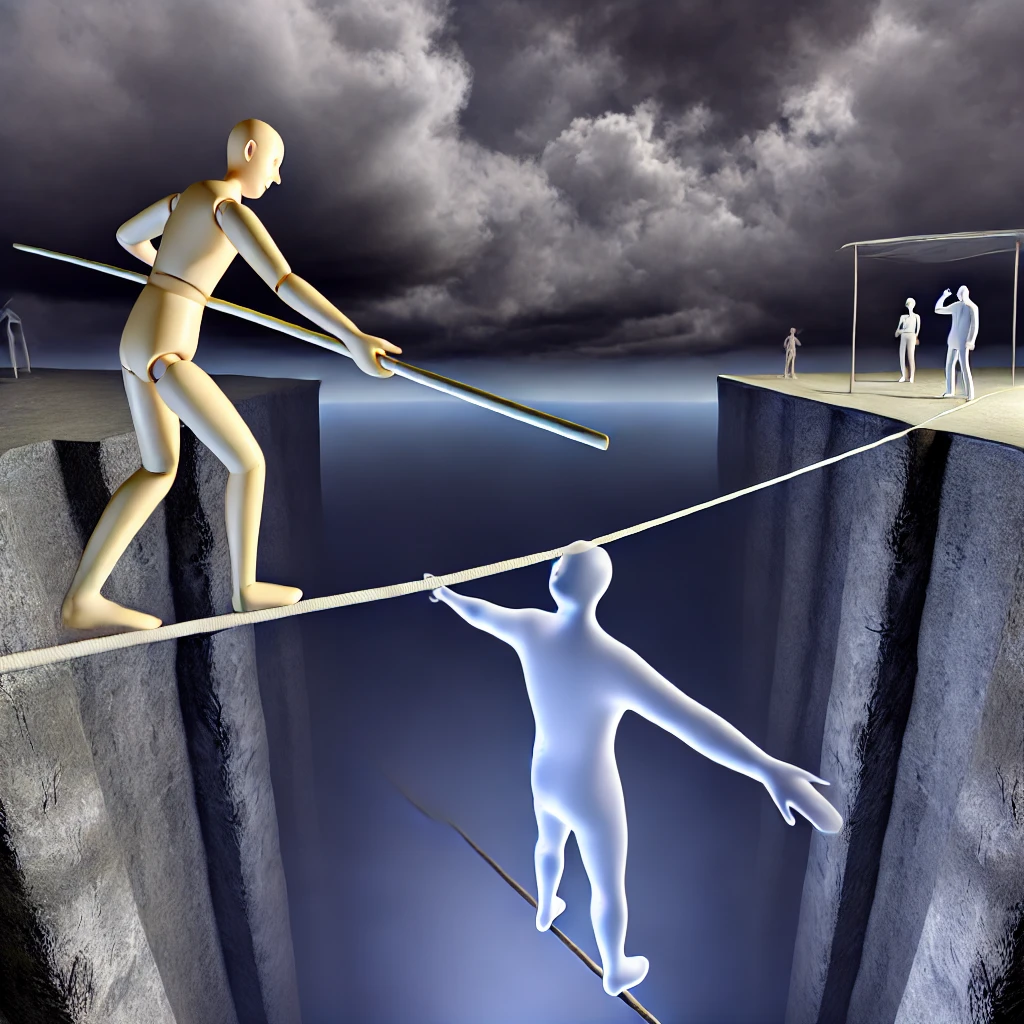 dall·e 2024-10-15 16.29.39 - an acrobat on a thin tightrope stretched over a deep, dark abyss. the acrobat shows intense concentration and worry, carefully holding a balancing pol.webp
