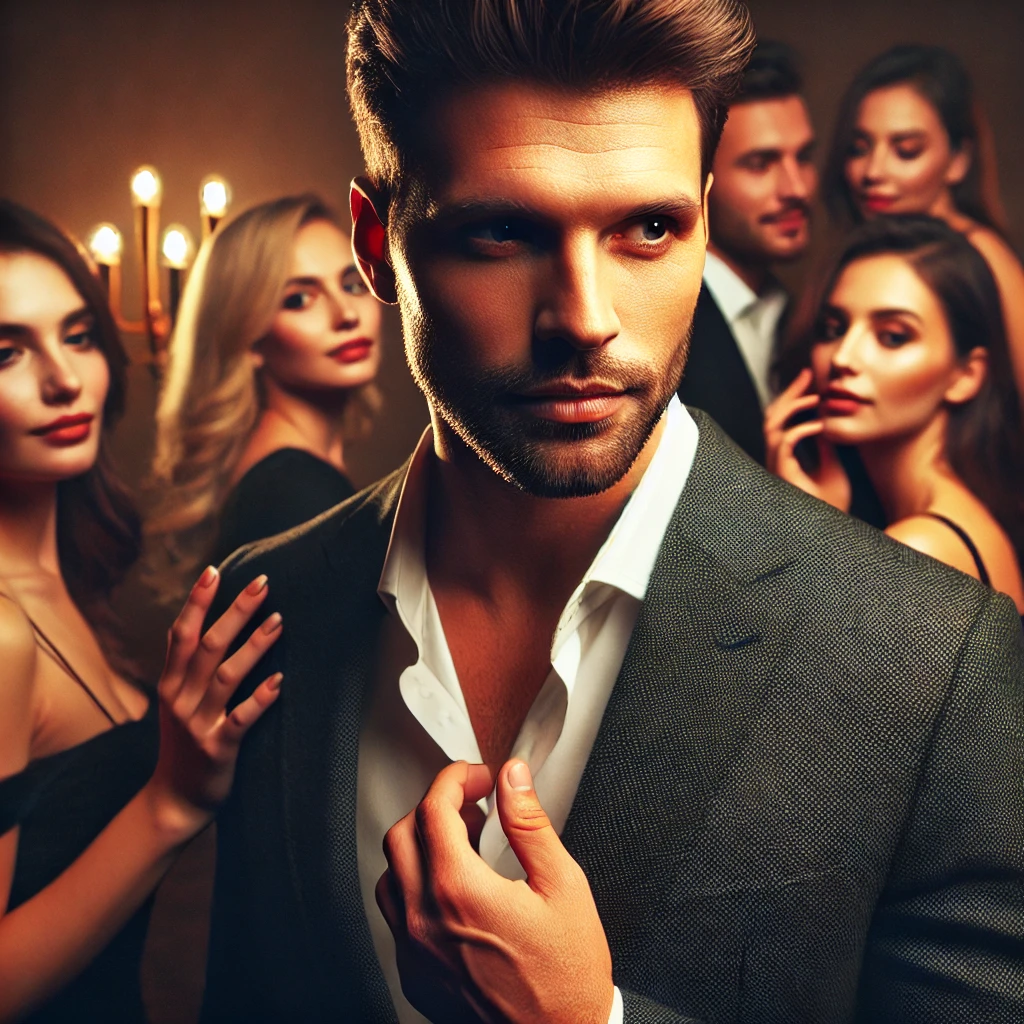 dall·e 2025-03-08 17.18.02 - a charismatic and confident man, andrei, stands in a dimly lit room, exuding magnetic energy. he is well-dressed, with a sharp gaze and a confident po.webp