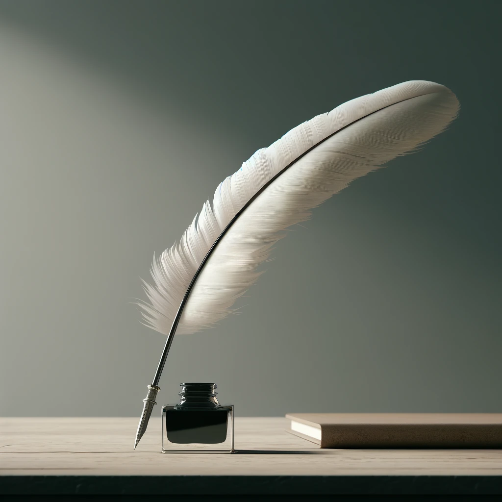 dall·e 2024-05-07 17.42.53 - a minimalist image focusing on the art of writing, featuring an elegant feather quill and an inkwell. the setting is simple and serene, with the quill.webp