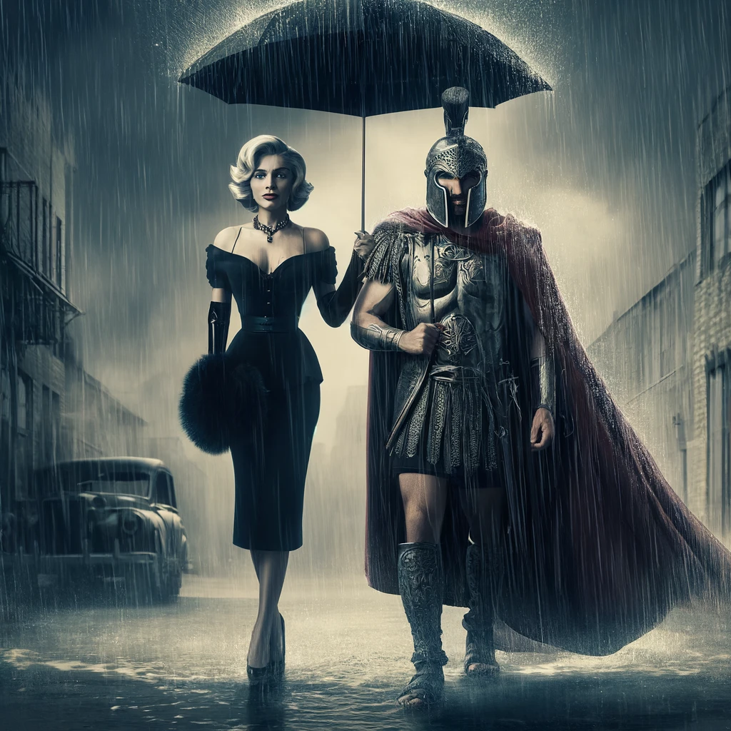 dall·e 2024-05-09 09.28.28 - imagine a torrential rain falling on a desolate street. two figures walk together under a single, unseen umbrella_ a woman styled like a classic 1950s.webp