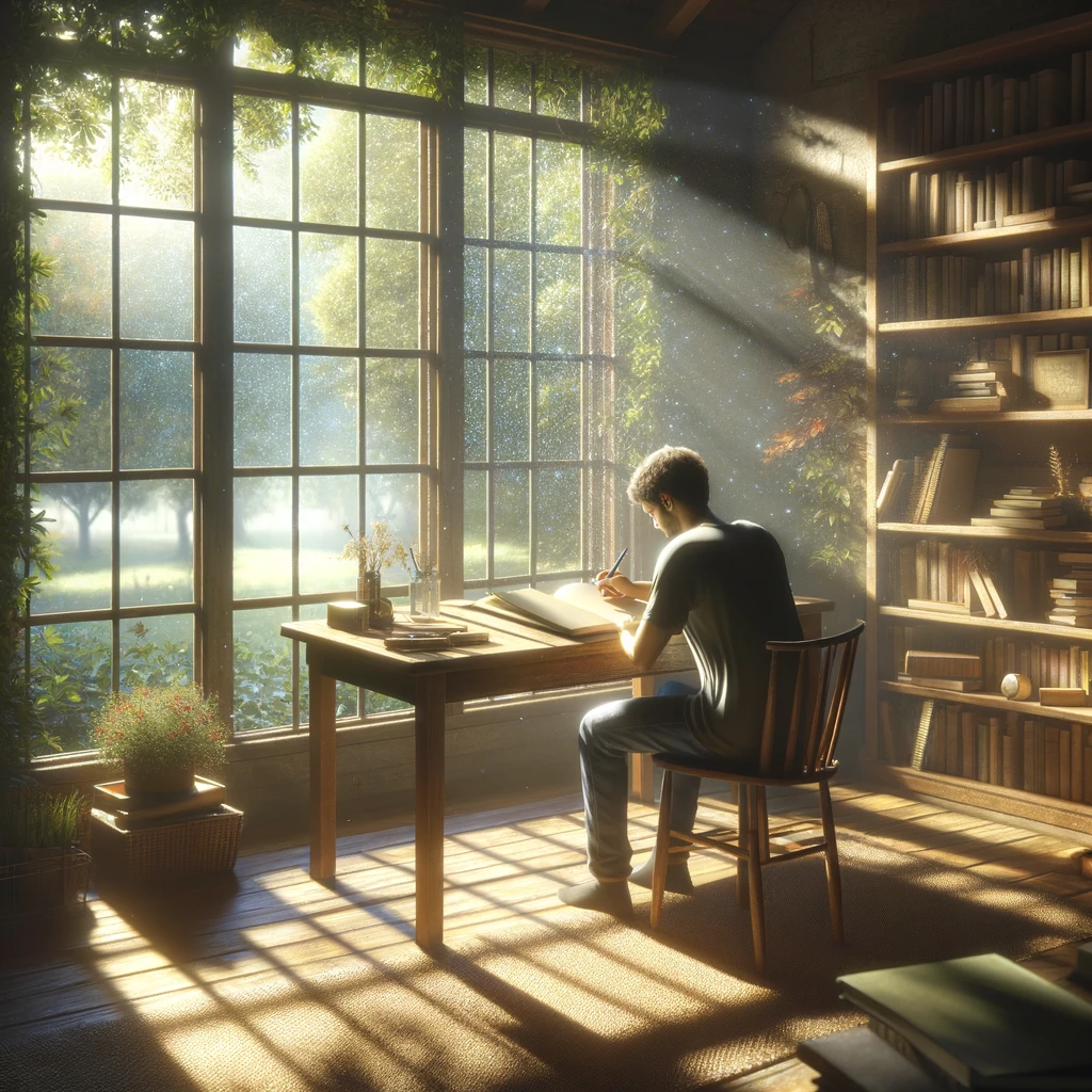 dall·e 2024-05-11 18.18.38 - a realistic digital illustration for an article titled 'rediscovering self through writing_ the pennebaker method and the power of expressive journali.webp