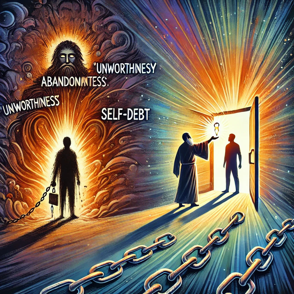 dall·e 2025-03-14 13.43.38 - an abstract illustration representing a psychological transformation. on the left side, a figure stands in the shadows, burdened by chains labeled 'ab.webp