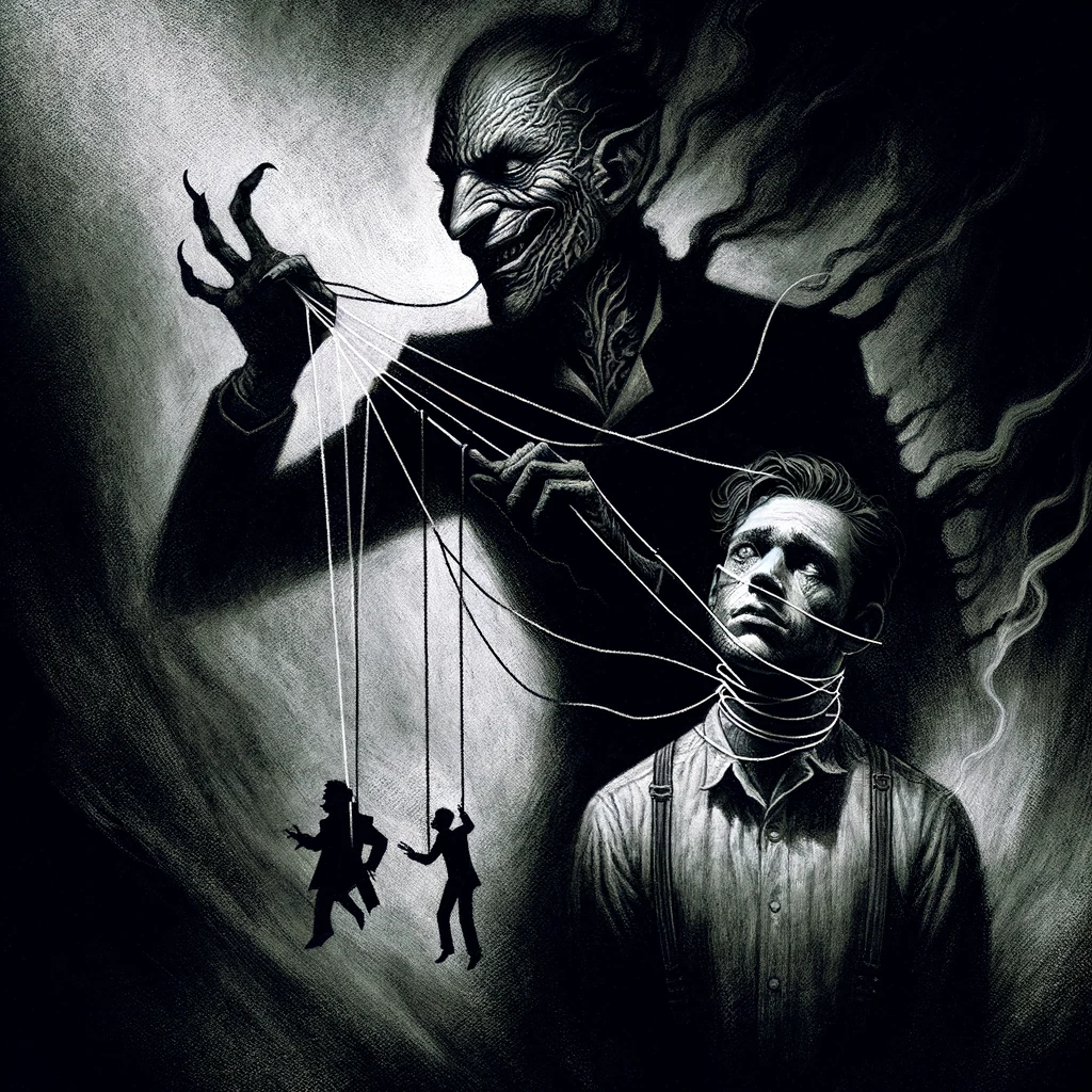 dall·e 2024-05-03 09.46.55 - a haunting and symbolic image illustrating the concept of a narcissist as a parasitic entity. the illustration shows a sinister figure with human-like.webp