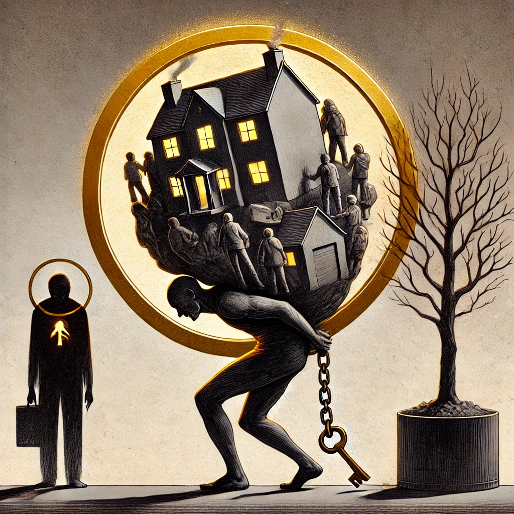 dall·e 2025-03-11 14.26.47 - a symbolic digital illustration representing the cycle of compulsive sacrifice. the image features a person carrying an enormous, heavy burden on thei.webp