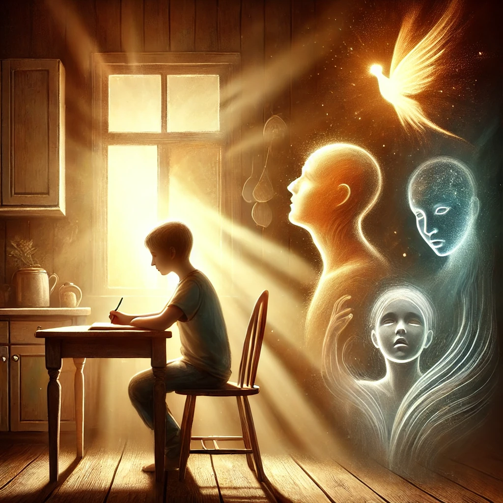 dall·e 2024-12-26 14.42.57 - a serene and introspective scene illustrating a person sitting at a modest kitchen table, the chair appearing like a humble throne. light streams thro.webp