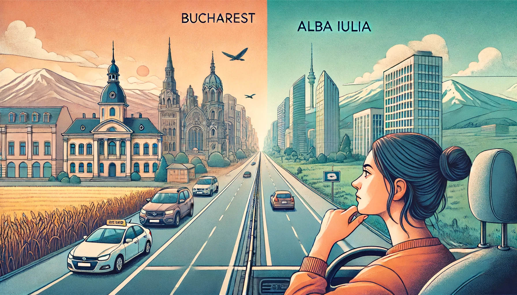 dall·e 2024-06-14 07.51.41 - a serene illustration depicting a long road from bucharest to alba iulia, with a sense of peaceful introspection. the road is surrounded by varied lan.webp