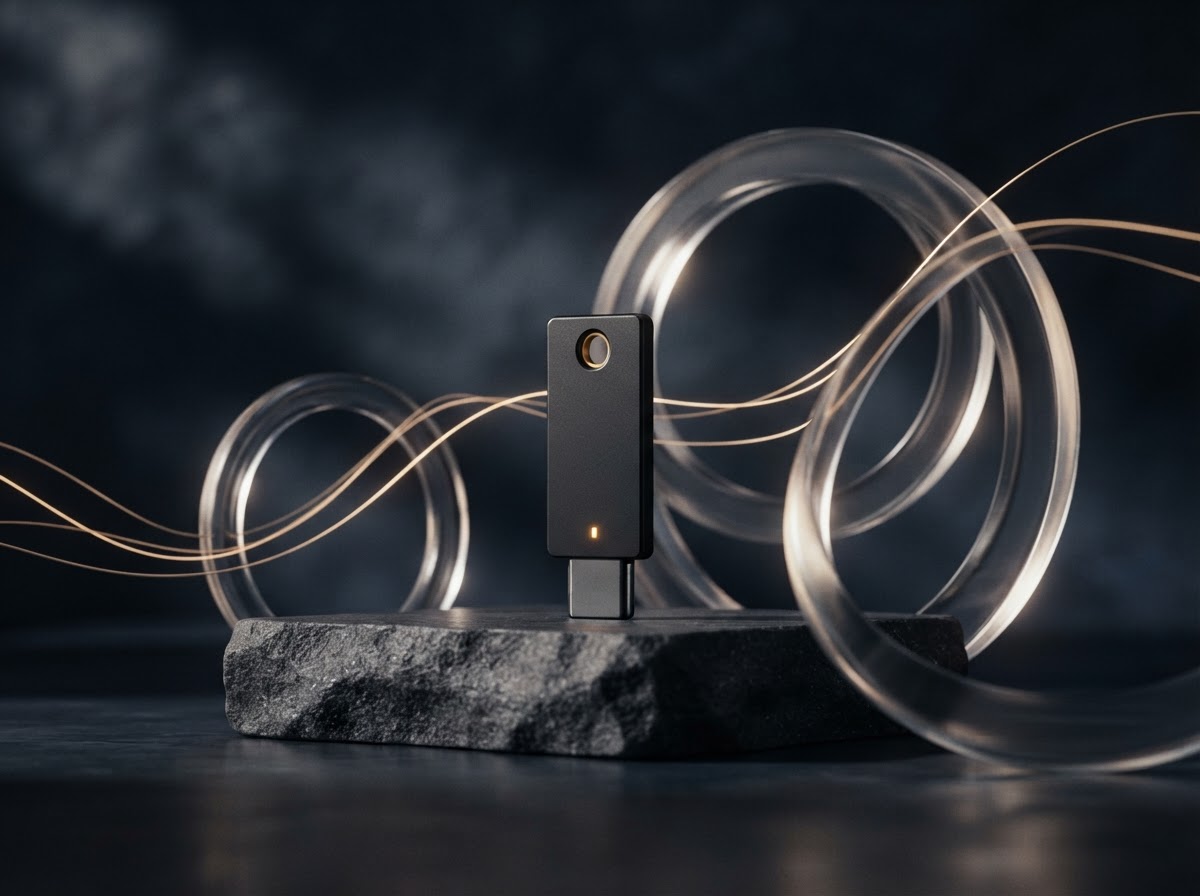 A hardware security device displayed in a softly lit protective setting