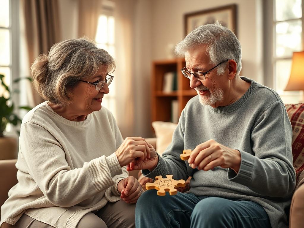 A friendly caregiver assisting an elderly individual with a puzzle in a cozy, well-lit living room. The warm, inviting environment suggests companionship and supportive interaction, with gentle tones and a peaceful ambiance.