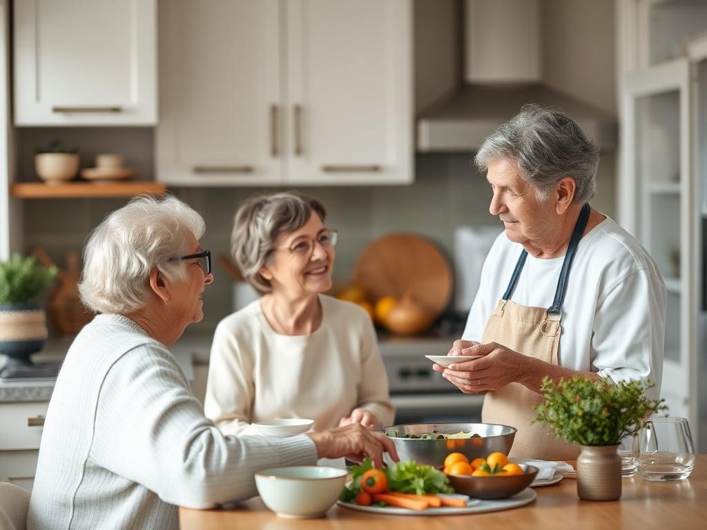 A serene kitchen scene where a caregiver discusses meal planning with an elderly person, showcasing engagement and care. The setting is bright and inviting, with soft hues and a comforting atmosphere that promotes a sense of safety.
