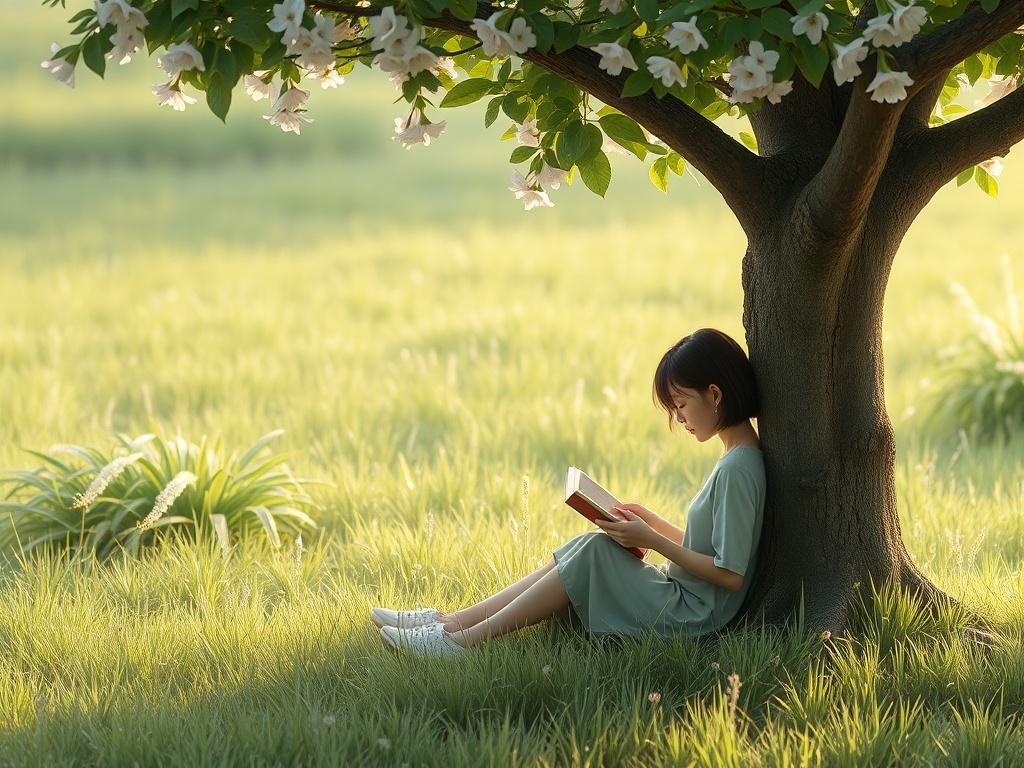 A peaceful garden setting with a single person reading a book under a tree. Soft green grass and blooming flowers surround them, creating a tranquil and nurturing environment.