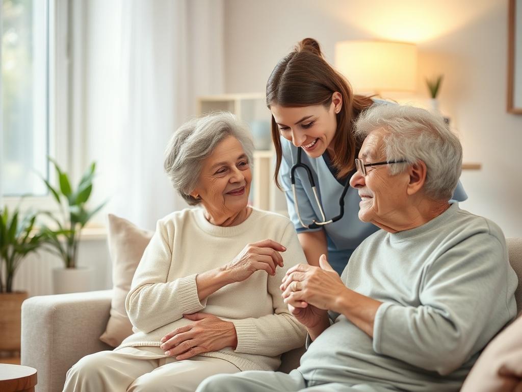 A peaceful living room setting with a caregiver gently engaging with an elderly person, showcasing warmth and support. The atmosphere is calm, with soft lighting and soothing colors, emphasizing the comfort of home care.