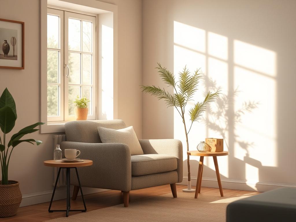 A serene and comfortable living room setting with a single cozy armchair and a small side table. Soft natural light filters through a window, casting gentle shadows. A warm and inviting atmosphere, perfect for relaxation and informal gatherings.