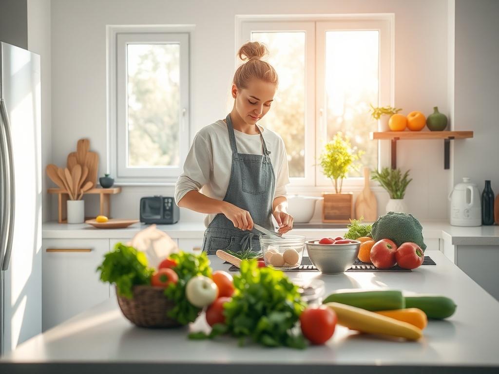 A bright, airy kitchen with a single person preparing a healthy meal. The scene is filled with fresh ingredients on the counter, sunlight streaming in through the window, creating a lively and positive environment.