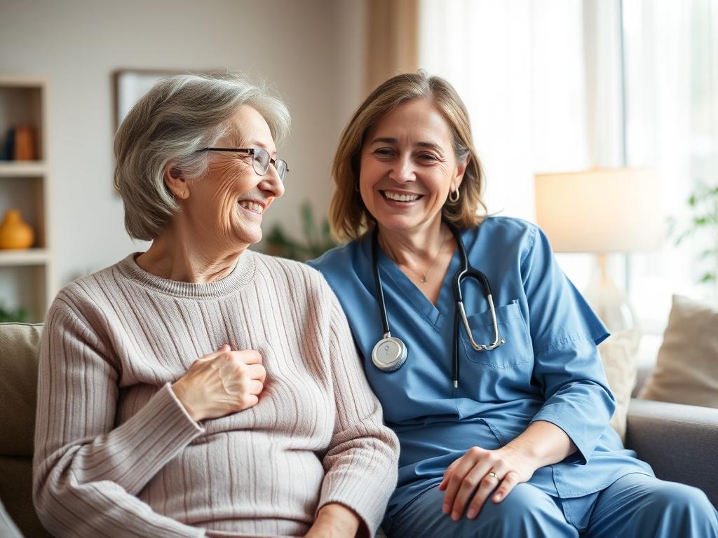 A serene home setting featuring a caregiver sitting beside an elderly person, both smiling and engaging in conversation. The background shows a cozy living room with soft lighting and gentle colors, creating a warm and inviting atmosphere.