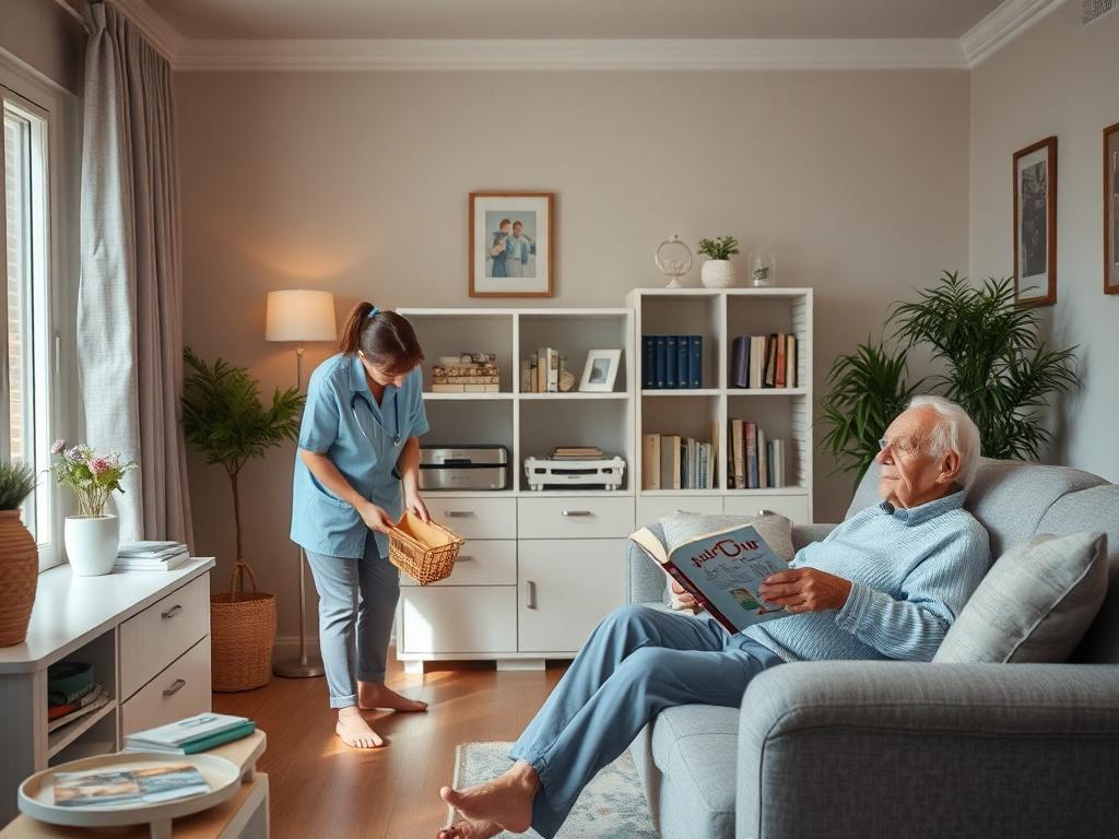 An organized and clean living room with a caregiver tidying up while an elderly individual relaxes nearby, enjoying a book. The room is softly lit, creating a peaceful and inviting atmosphere.