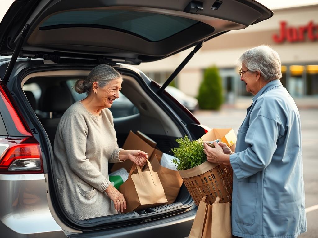 A caregiver loading groceries into a car trunk, smiling while assisting an elderly woman. The setting is a grocery store parking lot with soft, natural lighting and a calm atmosphere.