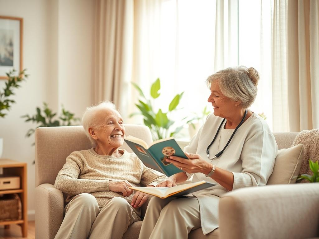 A serene living room setting featuring an elderly person sitting comfortably in an armchair, smiling as they engage with a caregiver who is gently assisting them with a book. Soft natural light streams through a window adorned with light curtains, creating a warm and inviting atmosphere. The decor is simple and cozy, with plants in the background, reflecting a peaceful and caring environment.