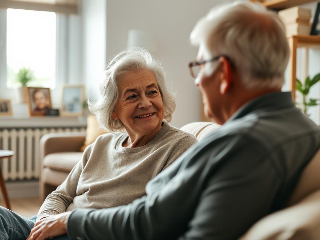 Create a realistic high-resolution photo that embodies the theme of "The Power of Companionship in Non-Medical Home Care." The image should feature a compassionate, elderly person sitting comfortably in a cozy living room, smiling gently as they engage in conversation with an unseen companion. The focus should be on the elderly person, who should be depicted as warm and approachable, with soft, gray hair and wearing comfortable, casual clothes. 

The background should be simple and inviting, showcasing deta