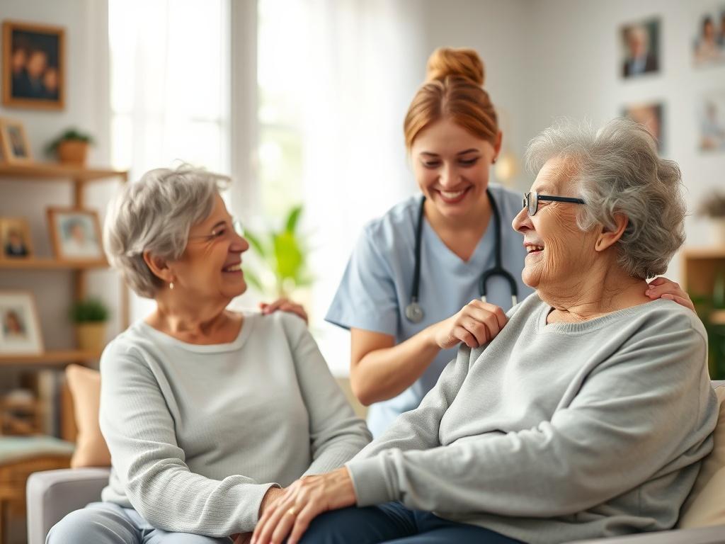 A serene home environment with a caring caregiver assisting an elderly person in a cozy living room setting. Soft, natural lighting fills the room, emphasizing warmth and comfort. The caregiver is smiling while engaging in conversation with the elderly person, who looks relaxed and happy. In the background, there are elements like family photos and plants, creating a peaceful atmosphere.