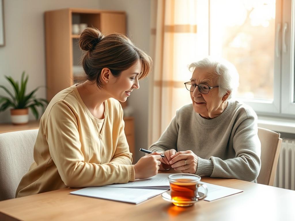 A caring caregiver sitting with an elderly person at a table, discussing a personalized care plan. They are surrounded by documents and a warm cup of tea. The setting is bright and inviting, with natural light streaming in through a window, creating a nurturing atmosphere. Both individuals are engaged, highlighting the importance of collaboration.