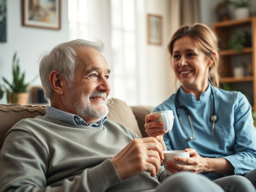A close-up shot of a senior man sitting comfortably in his living room, enjoying a moment of companionship with a caregiver. The caregiver is smiling and engaged, sitting beside him and holding a cup of tea. The background shows a cozy, well-lit living space with plants and personal memorabilia, emphasizing warmth and comfort. The image is shot with a 45mm f/1.2 lens to create a hyper-realistic effect, capturing the details of the scene.