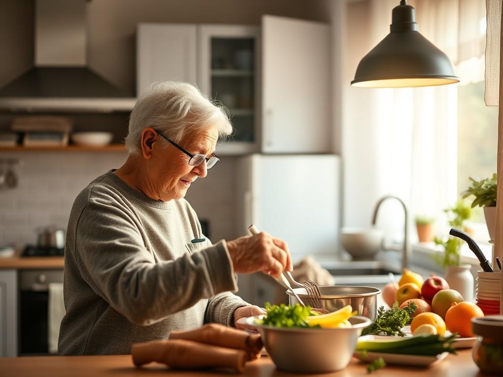 A warm and inviting kitchen scene where a caregiver is helping an elderly person prepare a meal. The caregiver is demonstrating a cooking technique while the elderly person attentively watches. Soft lighting creates a cozy ambiance, highlighting the connection and engagement between them. The kitchen features fresh ingredients and a welcoming atmosphere.