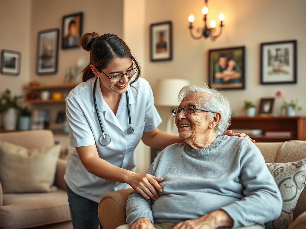 A caring professional assisting an elderly person in a cozy