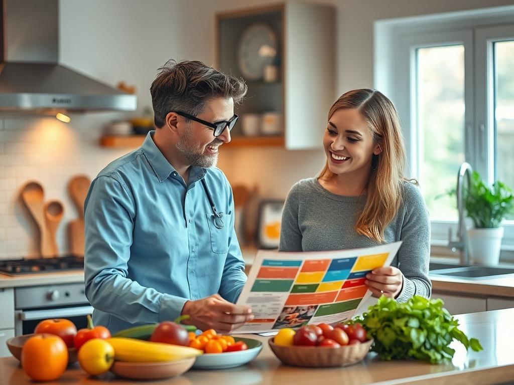 A nutritionist discussing a colorful meal plan with a client