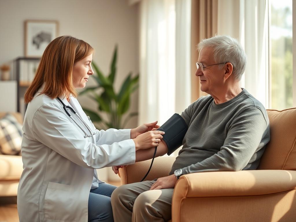 A healthcare professional measuring the blood pressure of a middle
