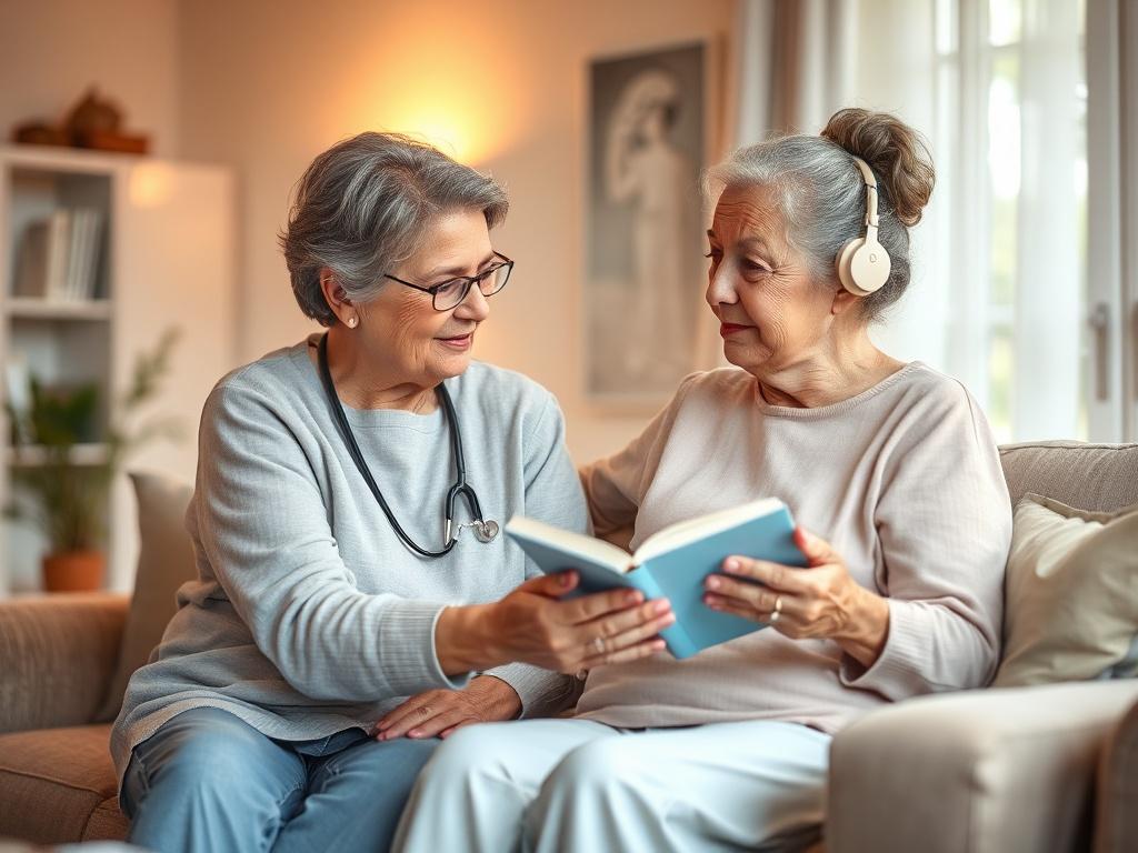 A serene home environment with a caregiver gently assisting an elderly individual in their living room. The scene should depict a warm and comforting atmosphere, showcasing soft lighting and pastel colors. The caregiver should be engaged with the individual, perhaps reading together or sharing a light moment, emphasizing trust and companionship.