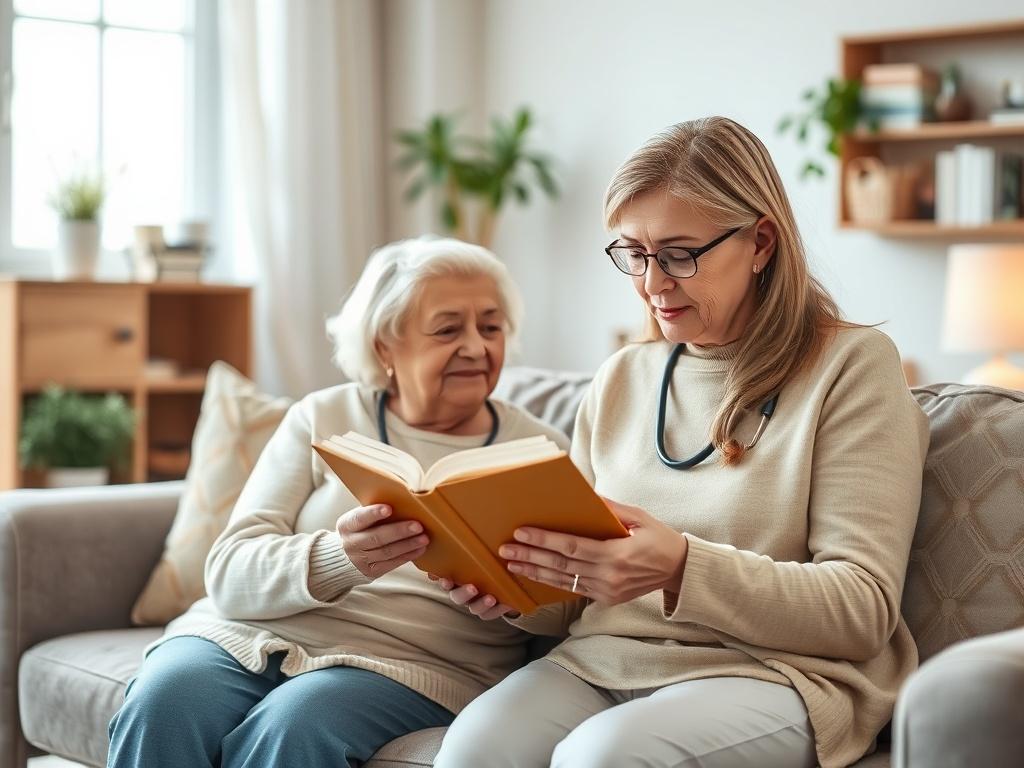 A tranquil living room setting where a caregiver is reading to a senior. Soft, natural lighting enhances the comforting vibe, with gentle colors and a tidy environment. The caregiver and senior should exude warmth and connection, highlighting the importance of respite care in a supportive home atmosphere.