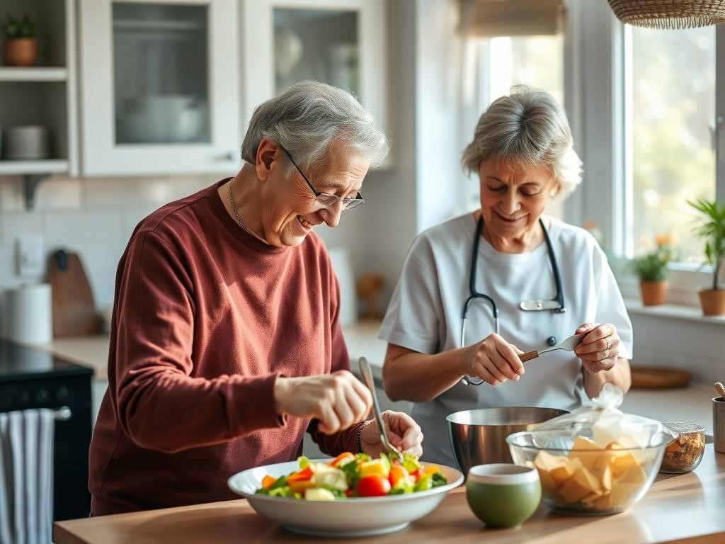 A cozy kitchen scene where a caregiver is helping an elderly person prepare a meal. The image should feature bright, inviting colors and natural light streaming through the window, creating a peaceful ambiance. The caregiver and the individual should appear engaged and happy, showcasing a supportive and caring relationship.