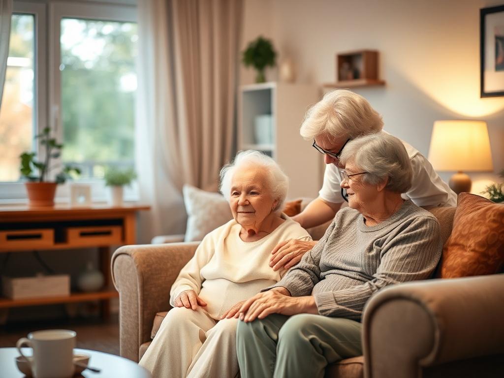 A serene home setting with a caregiver gently assisting an elderly person in their cozy living room. The scene is warm and inviting, with soft lighting and a comfortable atmosphere, showcasing compassion and care.