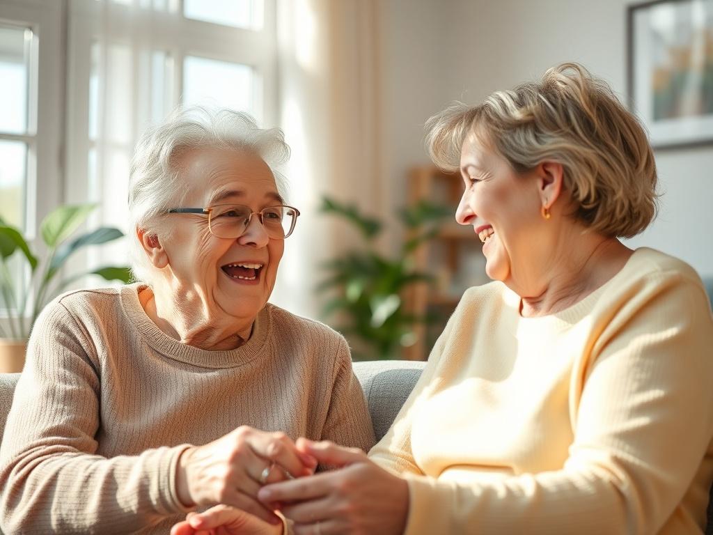 A caregiver engaging in a fun activity with an elderly individual in a bright, cheerful room. The atmosphere is filled with warmth, laughter, and light, emphasizing companionship and well-being.