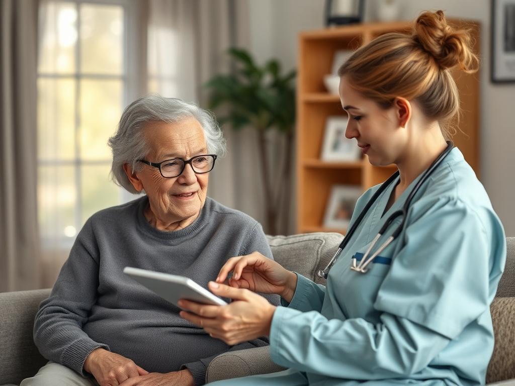 A caregiver using a tablet to communicate with a family member while attending to an elderly client in a comfortable environment. The scene conveys professionalism, compassion, and a sense of security.