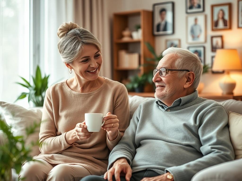 Create a realistic high-resolution photo that embodies the theme of "The Benefits of Non-Medical Home Visiting Services." In the composition, feature a warm and inviting living room where a compassionate caregiver sits next to an elderly person, fostering a comforting and supportive atmosphere. The caregiver, a middle-aged woman with a friendly smile, engages in conversation while holding a cup of tea, showcasing warmth and personal connection. The elderly person, a man in his 80s with a thoughtful expressi