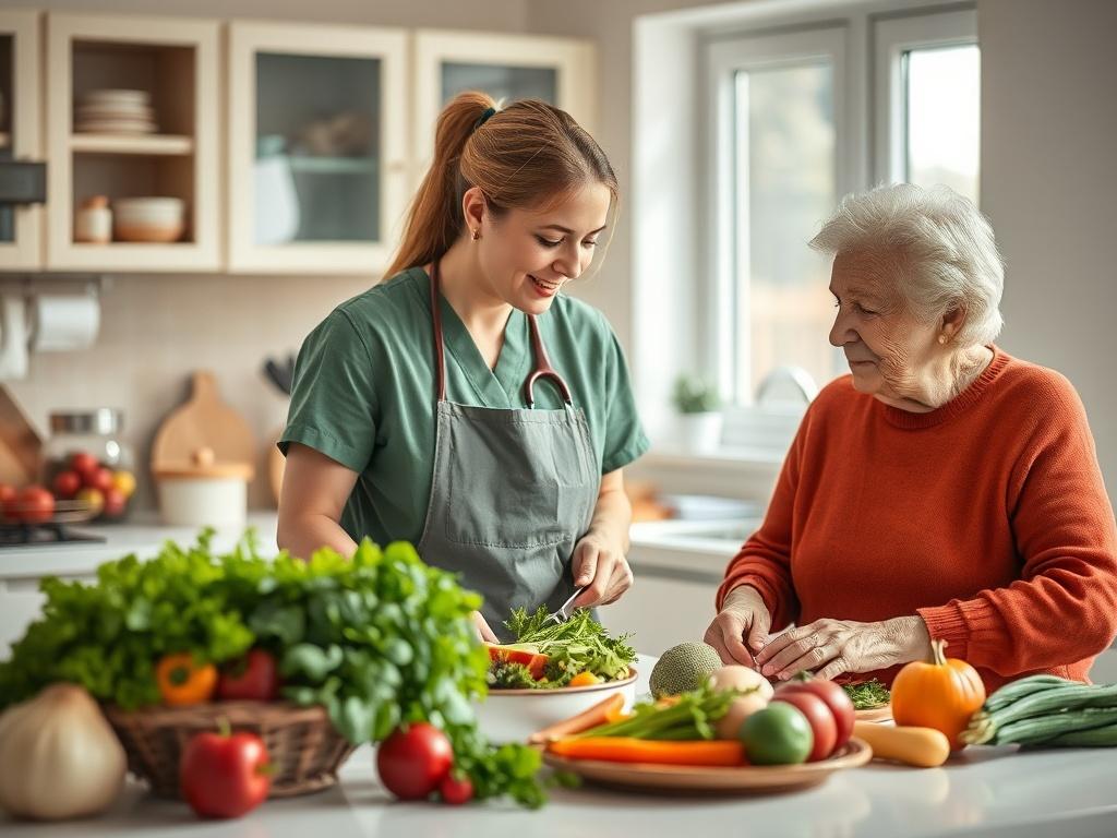 A kitchen scene showcasing a caregiver preparing a colorful, healthy meal alongside an elderly client. Fresh vegetables, fruits, and herbs are visible on the countertop, while the atmosphere is bright and welcoming, reflecting a nurturing cooking environment.
