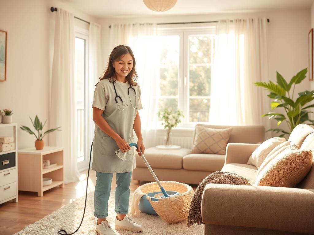 An inviting living room being cleaned by a caregiver, with a focus on a fresh and organized space. The caregiver is seen tidying up with a smile, while sunlight streams through the window, creating a warm and cheerful atmosphere.