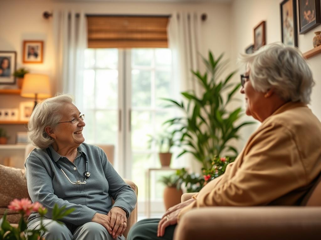 A cozy living room scene with a caregiver sharing a warm smile while engaging in conversation with an elderly individual. The setting is filled with soft lighting, comfortable furniture, and personal touches like family photos and plants, creating a peaceful and inviting atmosphere.