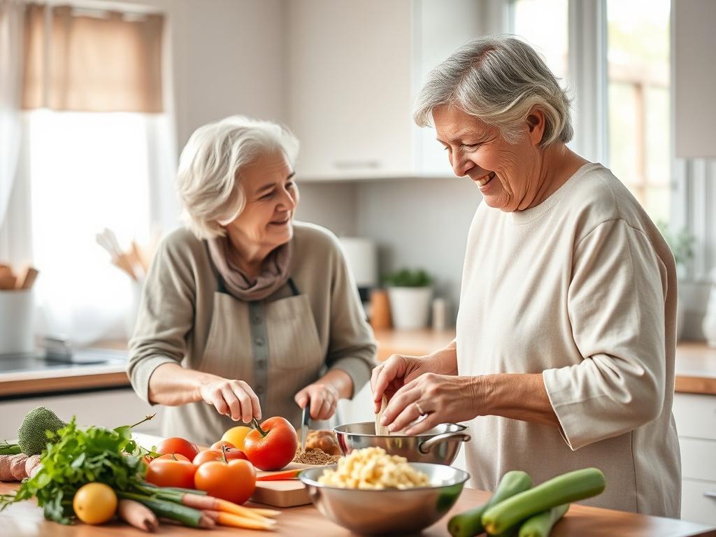 A calm and inviting kitchen setting where a caregiver is preparing a meal alongside an elderly person. The caregiver is smiling and engaged with the individual, creating a sense of community and care. Soft, natural light pours through the window, highlighting the warmth of the home. The background features fresh ingredients and a cozy atmosphere, signifying health and well-being.
