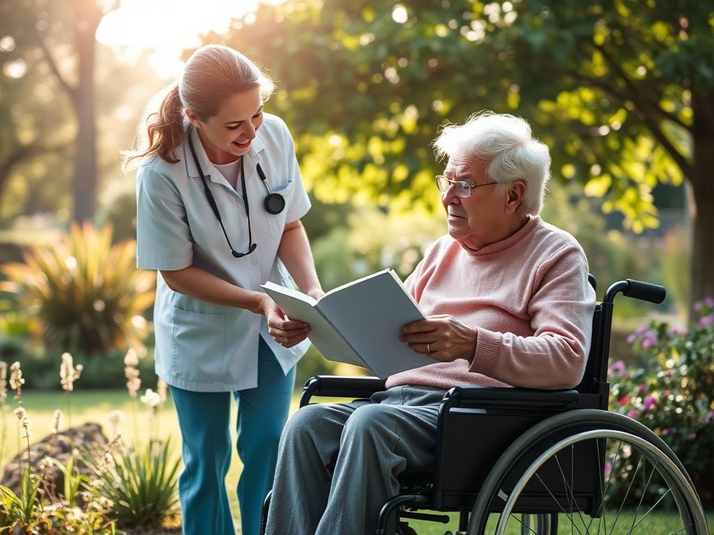 A tranquil garden scene where a caregiver is assisting an elderly individual in a wheelchair, both enjoying the fresh air and nature. The caregiver is attentively listening while the elderly person shares a story, showcasing a connection filled with respect and care. Soft sunlight filters through the trees, creating a peaceful and nurturing environment.