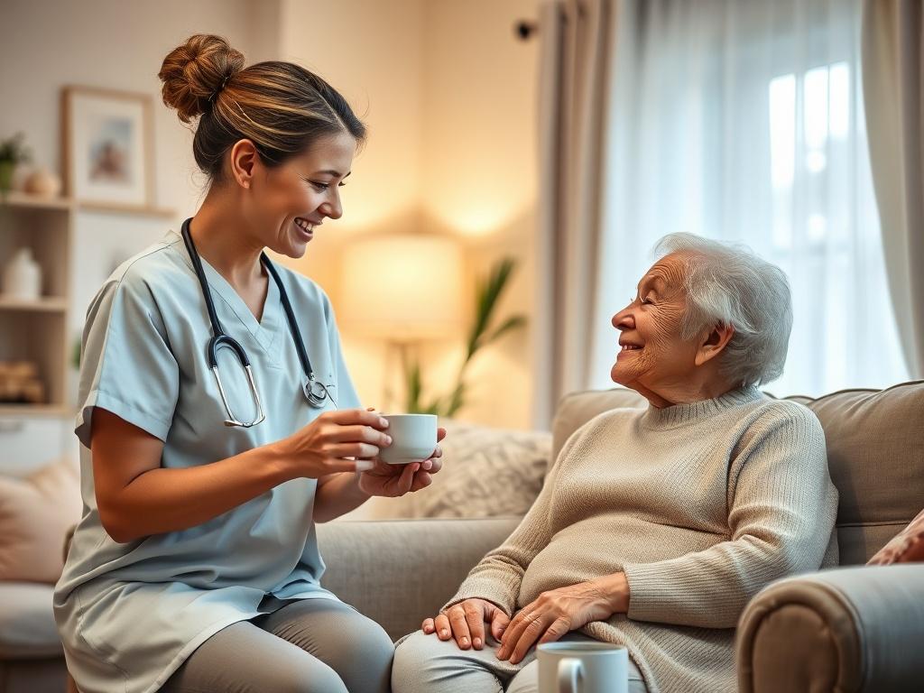 A serene home environment featuring a caregiver gently engaging with an elderly individual in a cozy living room. The scene conveys warmth and comfort, with soft lighting illuminating the space. The caregiver is smiling and holding a cup of tea, while the elderly person appears relaxed, reflecting a peaceful atmosphere. The background includes soft-toned decor and a peaceful setting that emphasizes care and companionship.