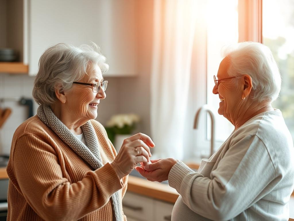 A caregiver helping an elderly person with their medication in a bright kitchen environment. The caregiver is smiling and attentive, creating a supportive vibe. Sunlight filters through the window, casting a soft glow over the scene and enhancing the feeling of care and warmth.
